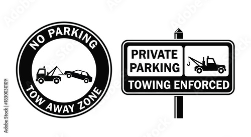 No parking private property and towing enforced signs illustrated in black and white