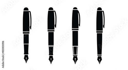 Four elegant black fountain pens arranged in a simple vertical line