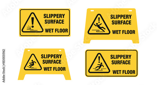 Caution slippery surface warning signs displayed in a yellow triangular design