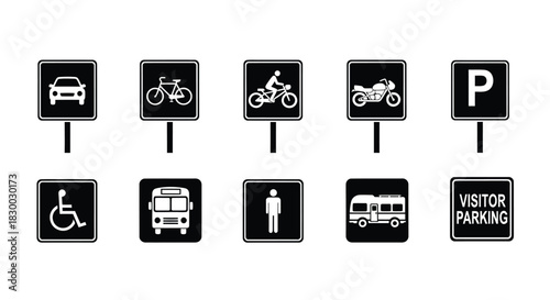 Collection of black and white traffic and parking signage illustrations
