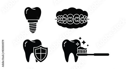Dental care icons showing teeth braces protection and hygiene concepts