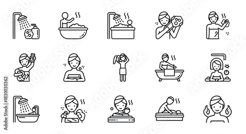 Collection of bathroom icons showing people showering, bathing, and using spa treatments
