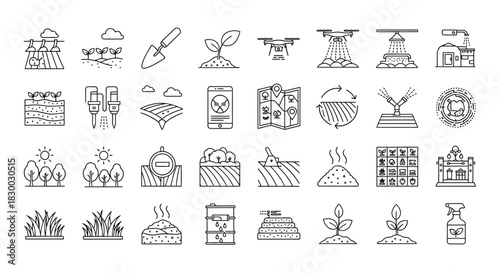 Set of smart farm icons, depicting modern agricultural technology and sustainable farming practices