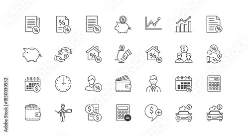 Set of loan and mortgage icons, illustrating financial services, interest rates, and property investment