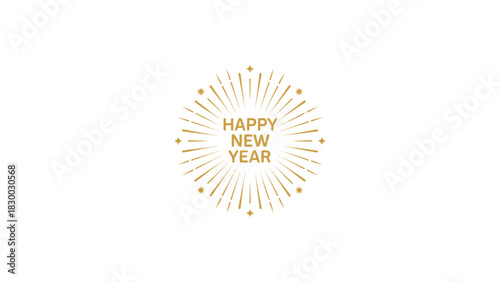 Elegant golden happy new year text design with radiating lines and decorative elements on a white background