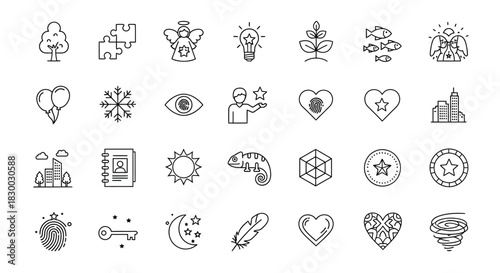 Collection of various icons, including tree, puzzle, angel, lightbulb, plant, fish, balloon, snowflake, eye, star, heart, and city