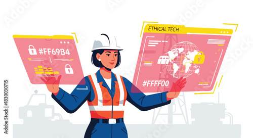 A female engineer in a hard hat examines holographic projections of data and a globe, representing ethical tech and cybersecurity.