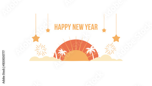 Vibrant illustration of a tropical beach sunset with palm trees and festive new year s eve fireworks and stars