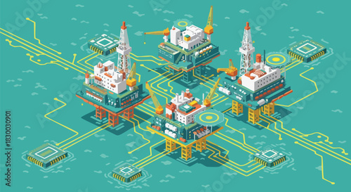 Isometric illustration depicts offshore oil rigs connected by digital circuits, representing modern energy and technology integration.