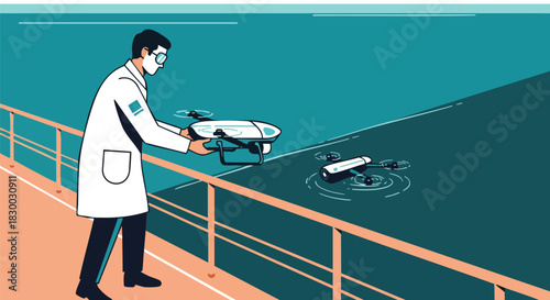 A scientist in a lab coat operates a drone over water, illustrating technology's role in scientific research and exploration with innovation.
