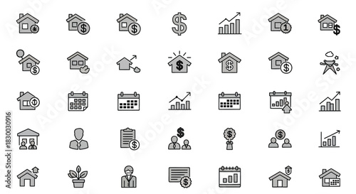 Collection of real estate icons house, dollar, graph, calendar, document, person, plant, and investment