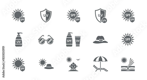 Collection of sunscreen icons sun, shield, lotion, sunglasses, hat, umbrella, and protection