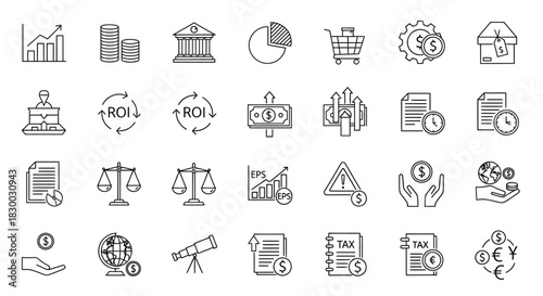 Financial and investment icons set, representing growth, return on investment, banking, and economic concepts