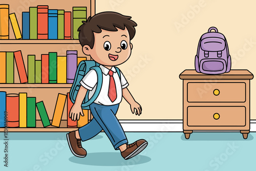A young boy with a backpack walks past a bookshelf and a nightstand with a backpack on it.