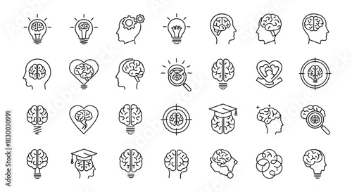 Collection of brain and idea icons, representing creativity, intelligence, and problemsolving