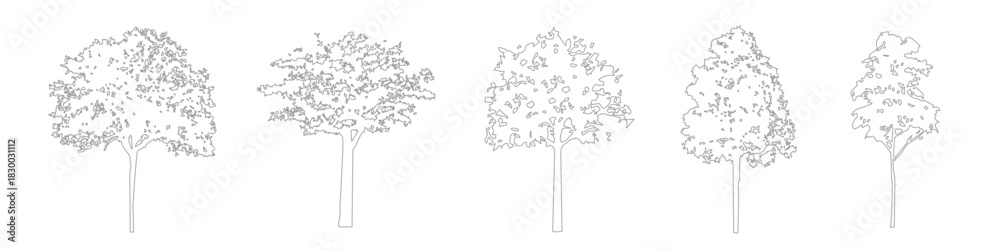Naklejka premium Architectural CAD Tree Drawing Linework, Minimal Side View Trees for Architecture and Landscape