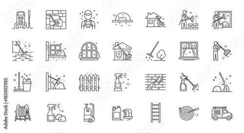 Set of cleaning service icons collection of house cleaning, building maintenance and home repair vector symbols