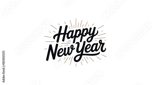 Stylish hand drawn typography celebrating happy new year with bursting rays of light on white background