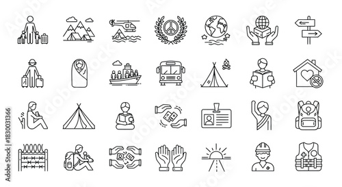 Collection of refugee and immigration icons in line style humanitarian aid and support for refugees concept