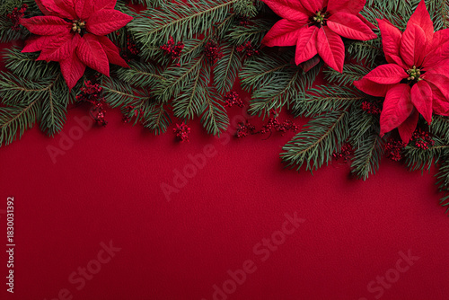  red background fir branches and poinsettia flowers at the edges,generative ai