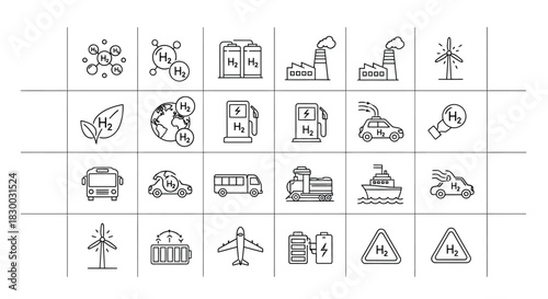 Set of hydrogen energy icons includes molecule, storage, factory, wind turbine, leaf, earth, gas station, and vehicle