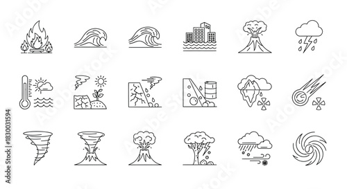 Collection of natural disaster icons includes fire, tsunami, city, volcano, rain, drought, landslide, and tornado