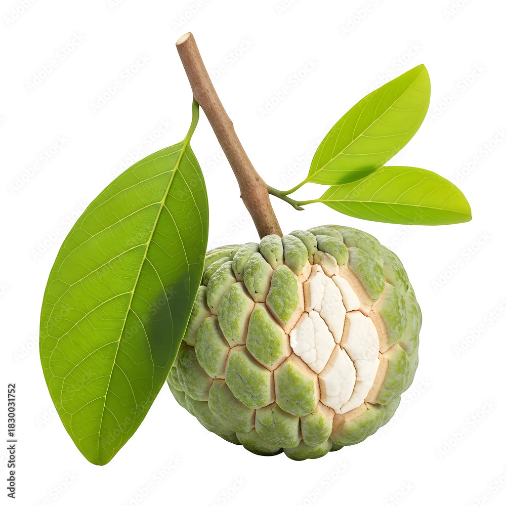 Fototapeta premium Custard apple on branch with green leaves