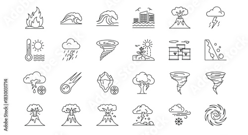 Collection of natural disaster icons, including fire, tsunami, earthquake, volcano, tornado, and flood