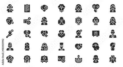 Collection of solid icons representing mental health support, therapy, and psychology, editable vector stroke