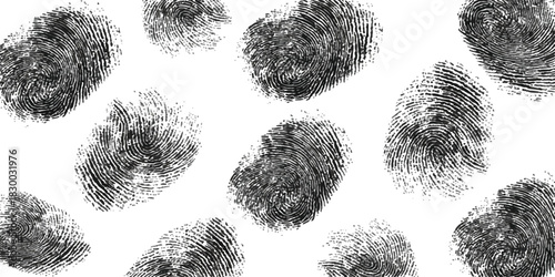 Multiple black fingerprints on white background, biometric identification isolated on white background