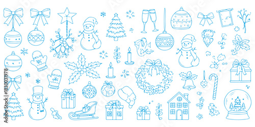 Hand drawn christmas and winter holiday decorative doodle set isolated on white background