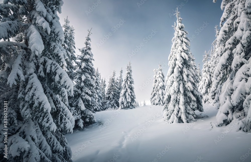 Fototapeta premium Fluffy snow covers the coniferous forest, and frozen spruce trees shine on a frosty day, creating a magical atmosphere.