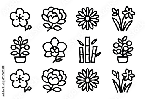 Line icons of traditional Chinese flowers — plum blossom, peony, and chrysanthemum — stock vector.