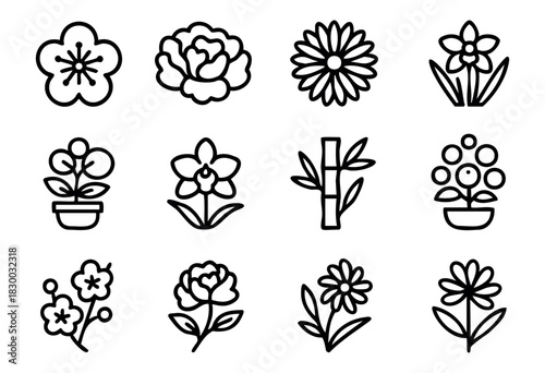 Line icons of traditional Chinese flowers — plum blossom, peony, and chrysanthemum — stock vector.