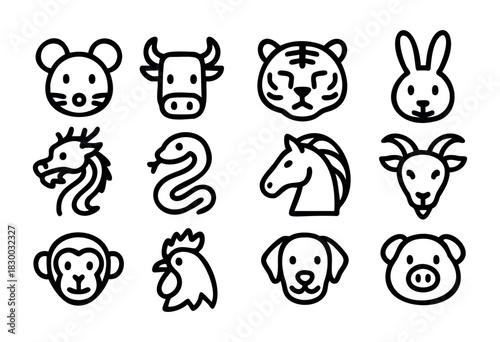 Line icons of the twelve Chinese zodiac animals — rat, ox, tiger, and dragon — stock vector.