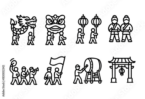 Line icons depicting a Chinese New Year parade procession — dragon dance, lion dance, and drummers — stock vector.