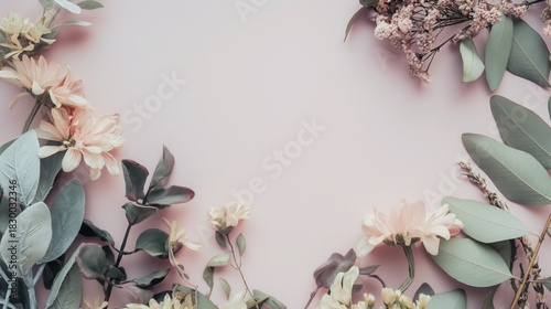 delicate flowers and leaves framing soft pastel background border creating romantic feminine greeting layout wide empty center copyspace concept of cosmetics stationery celebration