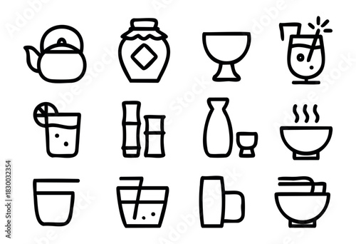 Line icons of traditional and modern Asian drinks — teapot, rice wine, and bubble tea — stock vector.
