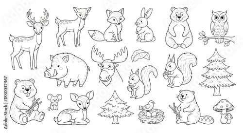 Collection of handdrawn forest animals, including deer, fox, rabbit, bear, owl, boar, moose, squirrel, beaver
