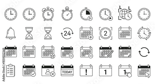 Line art vector icon set of time and date for web, app, and graphic design projects, clock, calendar, schedule