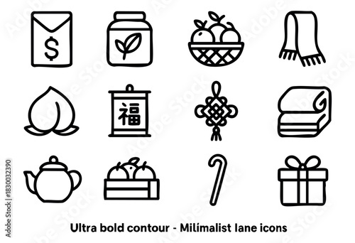 Line icons of Chinese New Year gifts and decorations — red envelope, fruit basket, and lucky knot — stock vector.