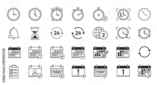Line art vector icon set of time and date for web, app, and graphic design projects, clock, calendar, schedule