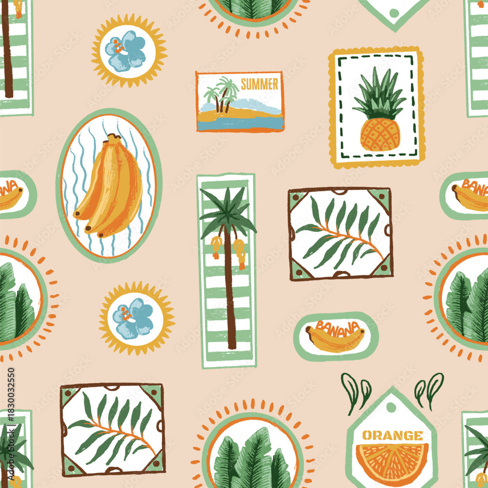 Obraz premium Seamless tropic fruits vector pattern with summer labels, palm trees and decorative frames