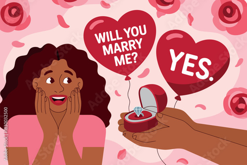 A surprised woman reacts to a marriage proposal with a ring and balloons saying "Will You Marry Me?" and "YES."