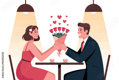 A couple shares a romantic moment over a bouquet of red roses and hearts at a restaurant table.