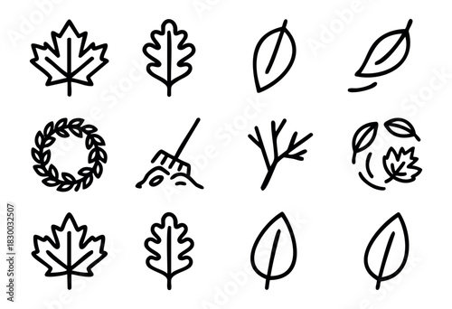 Line icons of autumn leaves and foliage — maple leaf, oak leaf, and a pile of leaves with a rake — stock vector.