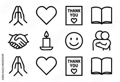Line icons representing gratitude, kindness, and positive emotions — praying hands, heart, and a hug — stock vector.