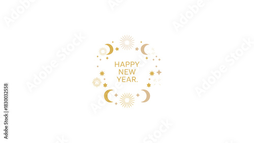 Whimsical hand drawn happy new year greeting card with celestial elements and festive patterns