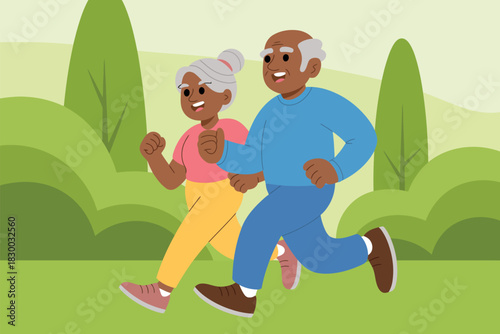Elderly couple enjoys a brisk jog together in a park on a sunny day.