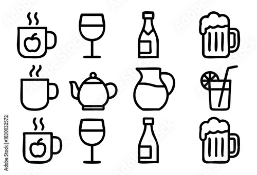 Line icons of various hot and cold beverages — coffee, wine, beer, and cocktails — stock vector